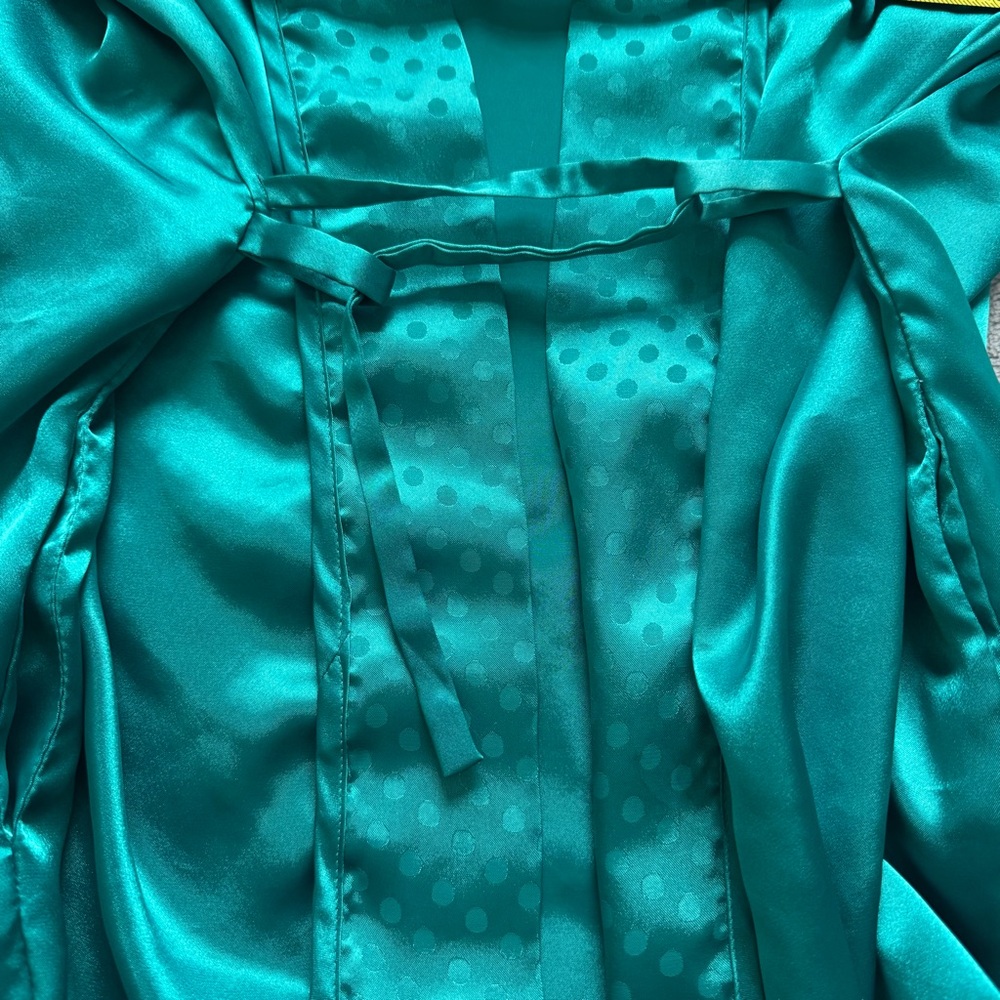 Inner Most Vintage Teal Satin Kimono Robe Polka Dot Trim XS Korea - Picture 7 of 11